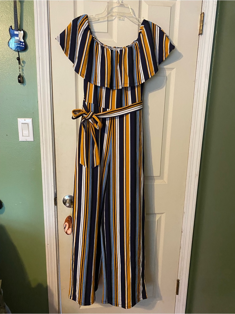 Almost Famous Navy, Mustard & White Striped Off-Shoulder Jumpsuit with Waist Tie